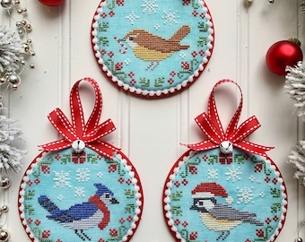 DIGITAL PDF Pattern: Christmas Bird Trio Cross Stitch by Luminous Fiber Arts