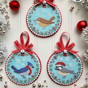 DIGITAL PDF Pattern: Christmas Bird Trio Cross Stitch by Luminous Fiber Arts