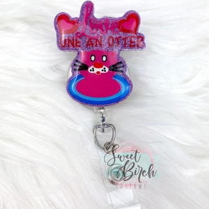 Love One An Otter Glitter Badge Reel | Interchangeable Badge Reel | Valentine's Day Beaded Badge Reel | Retractable ID Holder | Lanyard