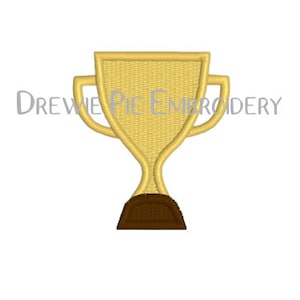 May include: A gold trophy with a brown base, featuring the text "DREWIE PIE EMBROIDERY". The trophy has a textured appearance and a classic cup shape with two handles. Suitable for embroidery projects.