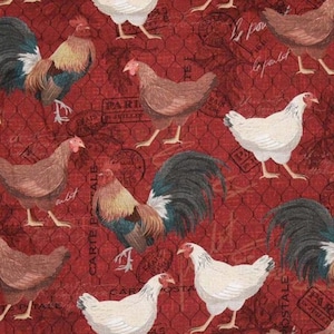 Roosters On Red Cotton Novelty 100% Cotton Fabric - Craft Supply - Continuous Cuts