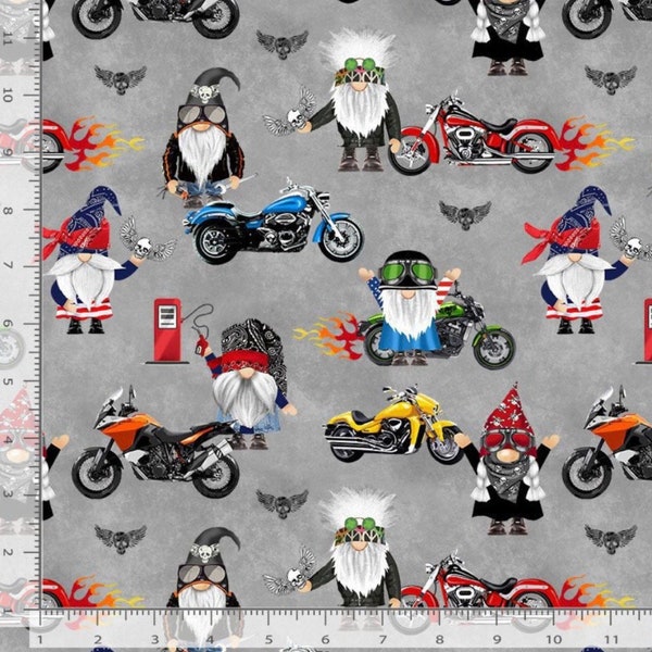 Motorcycle Biker Gnomes 100% Cotton Fabric - Craft Supply - Continuous Cuts - Timeless Treasures