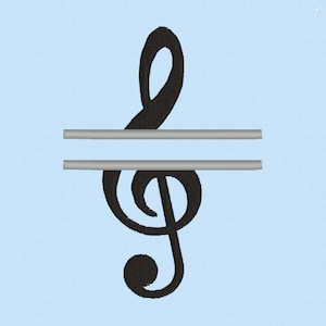May include: A black treble clef with a silver line through the middle, suitable for a monogram or personalized design.