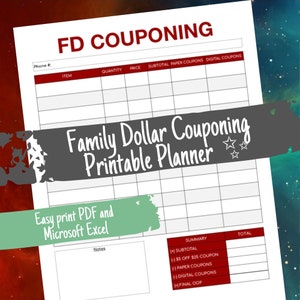 Family Dollar Couponing Printable - Coupon Shopping Checkout Tracker - Couponer Binder Log Sheet - PDF - Excel