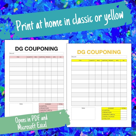Dollar General Couponing Printable - Coupon Shopping Checkout Tracker - Couponer Binder Log Sheet - PDF - Excel