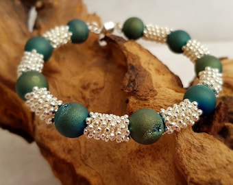 Green silver plated bracelet. Green bracelet. Silver plated bracelet. Green cuff bracelet. Gift for her. Womens bracelet. Druzy quartz.