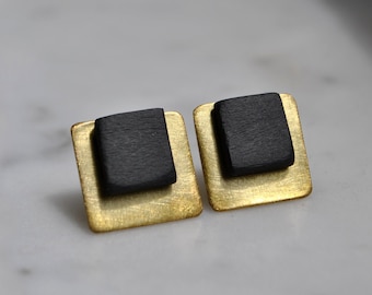 Black square earrings, modern and minimalist brass gold earlobe studs with natural stone, contemporary jewelry, gift for her