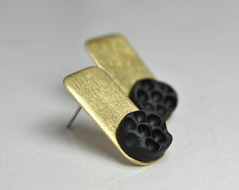 Rectangular earrings in brass and slate, modern and minimal gold and black color stud earrings, contemporary earrings, mother's day