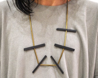 Long necklace with brass stone and cord, craft handmade jewelry, long modern and geometric black necklace , gift for her