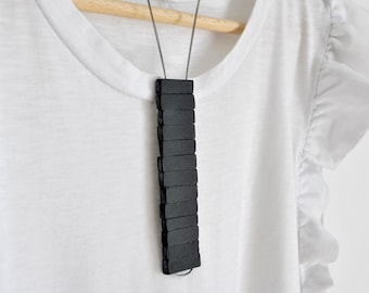 TOTEM | slate and plastic-coated steel cable  necklace, craft handmade jewelry, long modern and geometric black necklace, gift for her