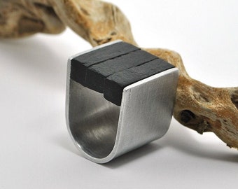 Maxi band ring with black stone, slate and aluminum unisex ring with minimal design perfect gift idea, woman gift