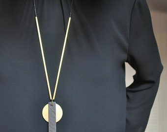 Chunky Statement Necklace | Brass Layered Pendant | Long Minimal Contemporary Necklace | Double Pendant Neck Jewelry | Gold Black Necklace