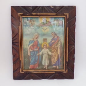 Holy Family Print in a Rustic Handmade Vintage Mexican Frame 13&quot; x 11&quot;