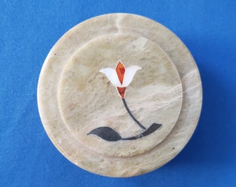 Marble Stone Round Box with mother of pearl flower inlay