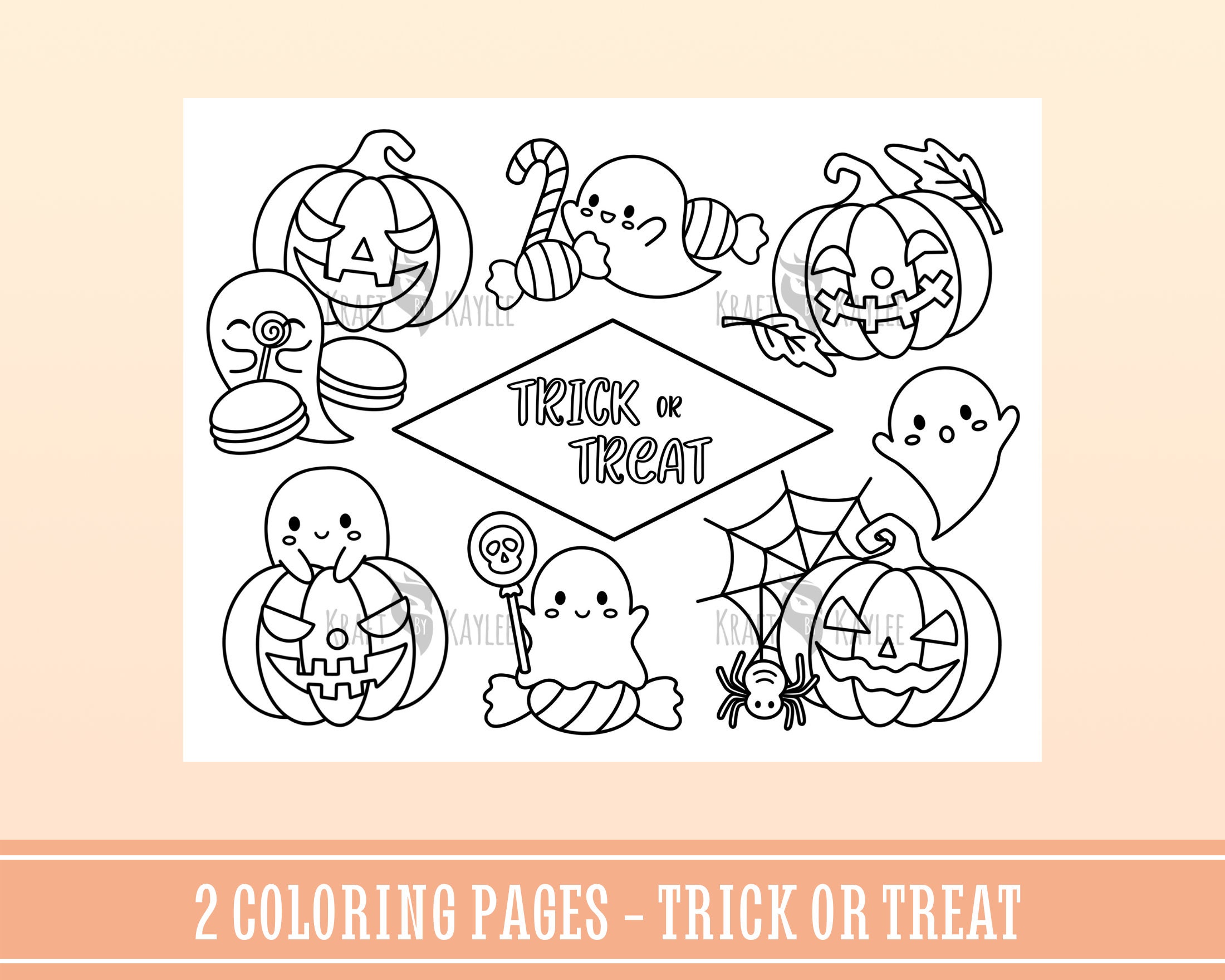 Happy Halloween Coloring Pages Set of 2 Cute Kawaii | Etsy