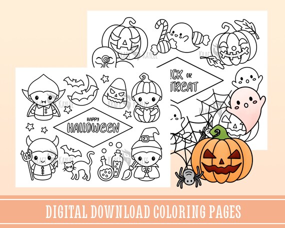 Happy Halloween Coloring Pages set of 2 Cute Kawaii