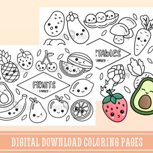 Könnte beinhalten: Schwarz-weiße Malvorlagen mit niedlichen Cartoon-Früchten und -Gemüse mit Gesichtern. Die Seiten beinhalten eine Ananas, eine Erdbeere, Kirschen, eine Wassermelone, eine Zitrone, eine Avocado, eine Banane, eine Birne, eine Tomate, eine Orange, Erbsen in einer Schote, einen Pilz, eine Karotte, eine Artischocke und eine Erdbeere. Der Text "Früchte - Familie" und "Gemüse - Familie" ist auf den Seiten enthalten.