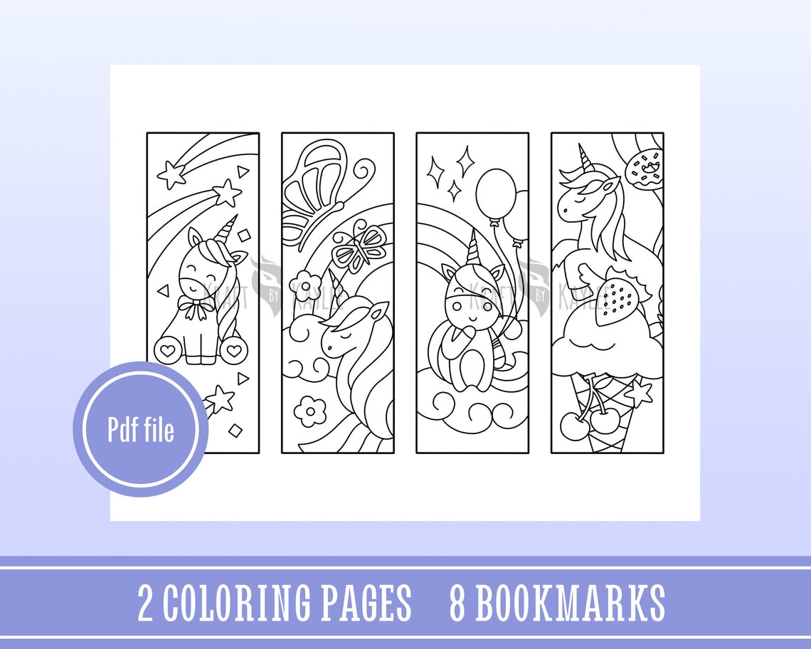 Unicorn Set Coloring Bookmarks set of 8, Coloring Pages, Printable