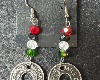 Handmade Palestinian earrings with crystals and replica coin