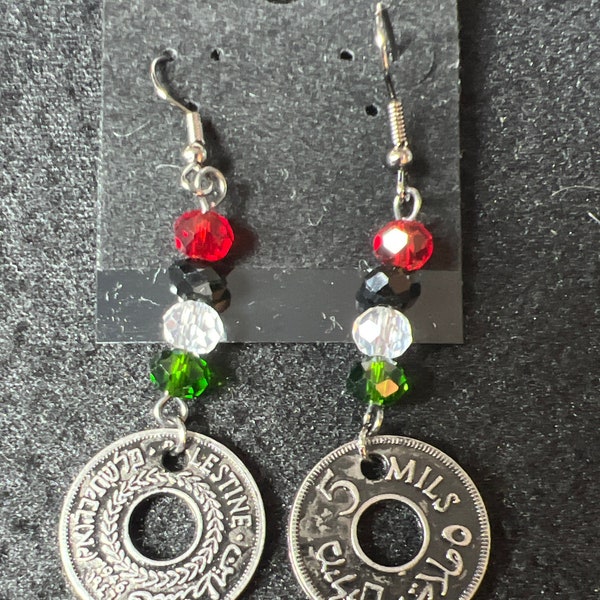 Handmade Palestinian earrings with crystals and replica coin