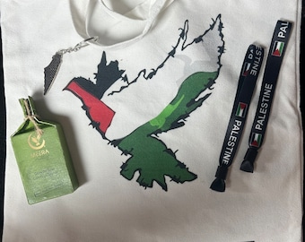 Ayuda a Gaza, todos los ingresos son donados. Tote bag, 2 pulseras de mano y jabón de aceite de oliva.