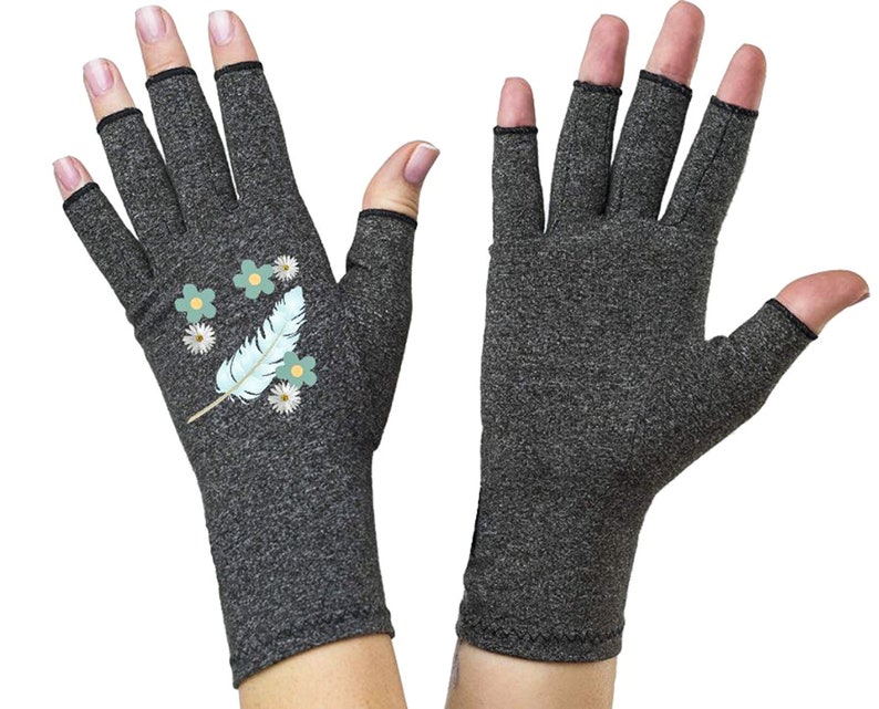 Fingerless Gloves for Women Arthritis Gloves Texting Gloves Arthritis Relief Driving Gloves Compression Gloves Daisy Feathers image 3