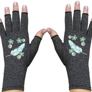 Fingerless Gloves for Women Arthritis Gloves Texting Gloves Arthritis Relief Driving Gloves Compression Gloves Daisy Feathers image 2