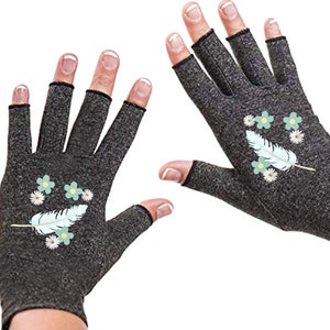 Fingerless Gloves for Women Arthritis Gloves Texting Gloves Arthritis Relief Driving Gloves Compression Gloves Daisy Feathers Dark Grey