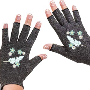 May include: A pair of gray fingerless gloves with a white feather and blue flowers design. The gloves are made of a soft, breathable material and are designed to provide support and comfort for the hands and wrists.