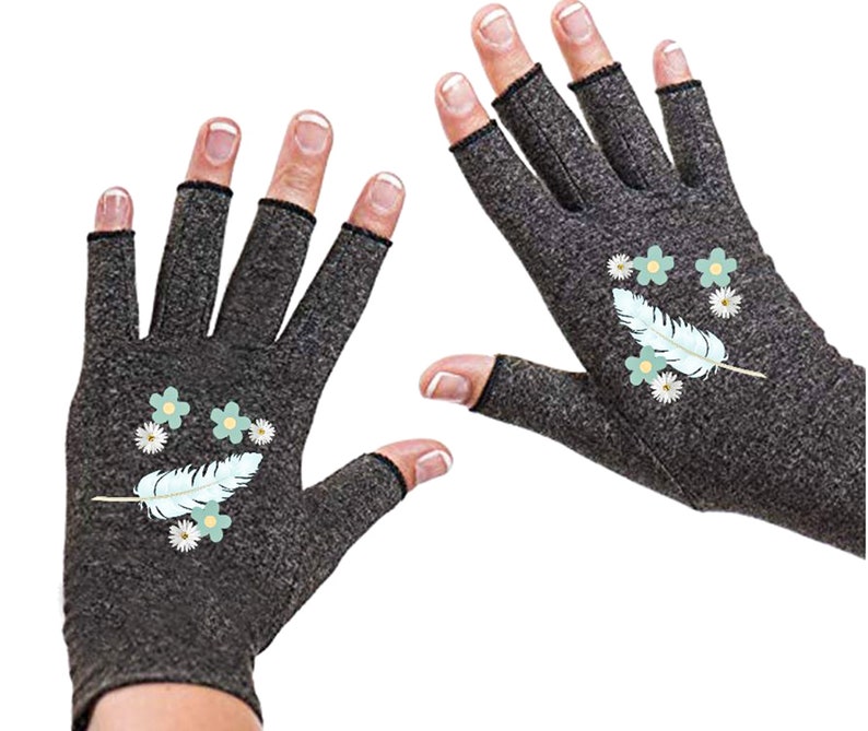 Fingerless Gloves for Women Arthritis Gloves Texting Gloves Arthritis Relief Driving Gloves Compression Gloves Daisy Feathers image 1