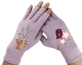 Mix Match Fun Compression Gloves -Fingerless Gloves for Women - Arthritis Gloves -  Arthritis Relief - Driving Gloves - Cat & Bird