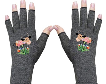 Fingerless Gloves for Women - Arthritis Gloves - Texting Gloves - Arthritis Relief - Driving Gloves - Compression Gloves - Happy Cow