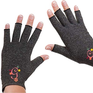 May include: A pair of gray fingerless gloves with a floral design and the letter "G" embroidered on the back of each glove.