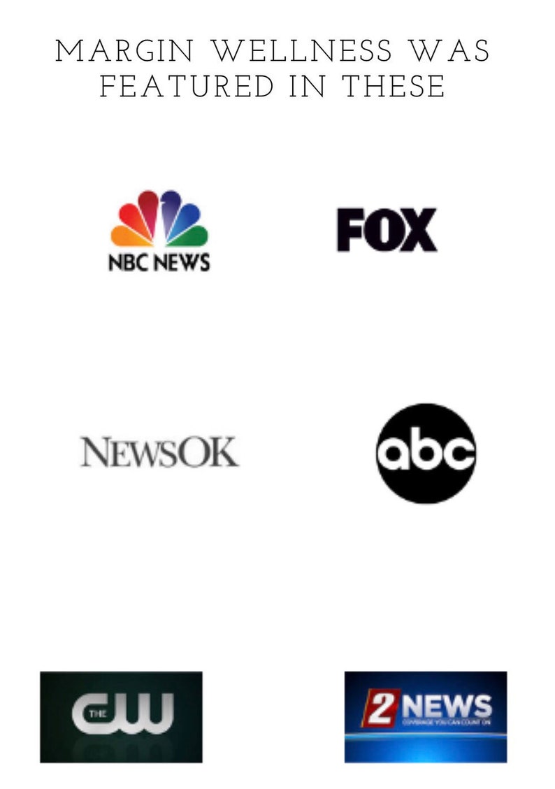 K&ouml;nnte beinhalten: Eine Collage von Logos verschiedener Nachrichtenagenturen, darunter NBC News, Fox, NewsOK, ABC, The CW und 2 News. Der Text "MARGIN WELLNESS WAS FEATURED IN THESE" befindet sich oben im Bild.