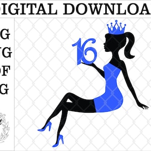16e verjaardag zittende dame silhouet taarttopper svg met kroon. Taarttopper. digitaal bestand zittende dame taarttopper. Verjaardagstaarttopper.