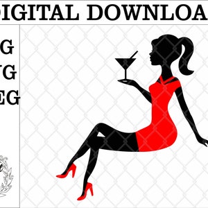 Sitting lady cocktail glass silhouette cake topper svg. Cake topper. digital file Sitting lady with cocktail glass cake topper.