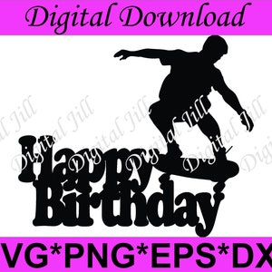 Skater gelukkige verjaardag svg. Skater taart topper svg. Skateboarder taart topper svg. Happy birthday-bestand voor skateboarders.