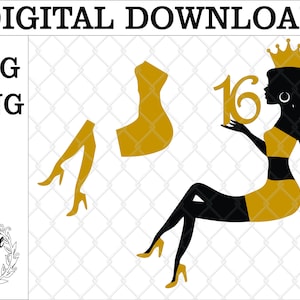 16. Geburtstag Sitzende Dame Silhouette Cake Topper svg. mit Krone. digitale Datei Sitting Lady Cake Topper. Geburtstag Tortenauflage.