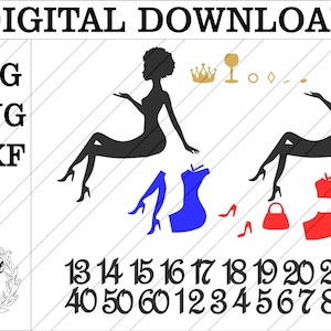 Bundle de décoration pour gâteau silhouette femme assise svg. Fichier numérique Lot de tranches d'âge et d'accessoires pour gâteau de la femme assise.