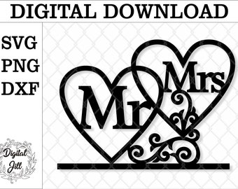 Mr & Mrs hearts cake topper svg. Laser cut file. 2 Hearts Mr and Mrs cake topper svg. Wedding cake topper svg. Mr and Mrs digital file.