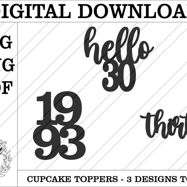 30th birthday cupcake toppers. Cupcake toppers svg. Hello thirty cupcake toppers. 1993 thirty hello thirty cupcake toppers