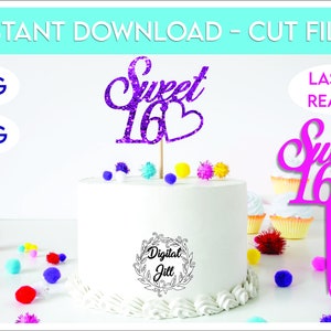 Sweet 16 cake topper svg. Sweet 16 svg topper. Sweet 16 birthday cake topper. PNG Sweet 16. 16th birthday svg laser cut file