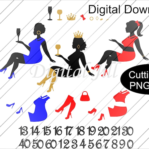 Sitting lady silhouette cake topper bundle svg. Fuller figure sitting lady. Bundle digital file Sitting lady cake ages & accessories bundle.