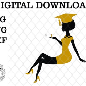 Sitting lady afro graduate silhouette cake topper svg. Cake topper. digital file Sitting lady afro Birthday cake topper. Graduation girl