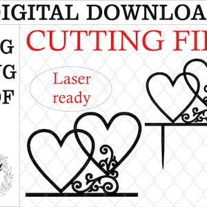 Due cuori cake topper svg. Lima tagliata al laser. 2 cuori torta topper svg. Torta nuziale topper svg. decorazione per torta tagliata al laser. Due cuori topper
