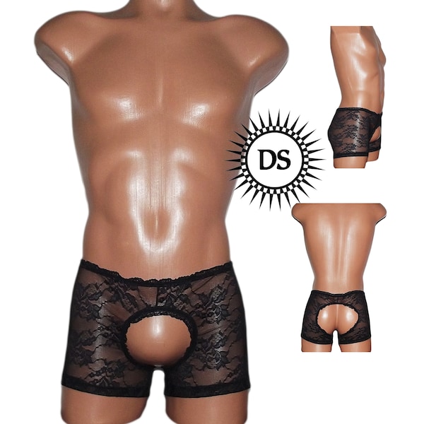 Sous-vêtements ouverts pour hommes, boxer en dentelle plug and play