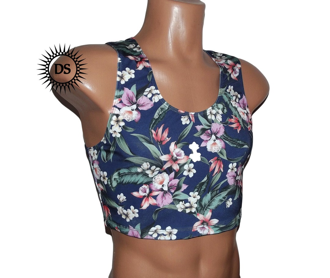 Mens Navy Floral Transgender Bra Chest Binder , Bra Crop Top Femboy