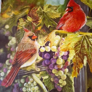 David Textiles - 100% Cotton - Fabric Large Panel - Red Cardinal Birds on Grape Vine Designed by Victoria Schultz W 36&quot; x L 44&quot;