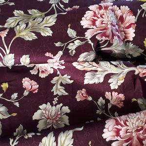100% Cotton Fabric Boundless Fabrics &#39;Cour de Fleur&#39; Vintage Inspired Floral Design Bold Pink Flowers on Maroon Width 112 cm