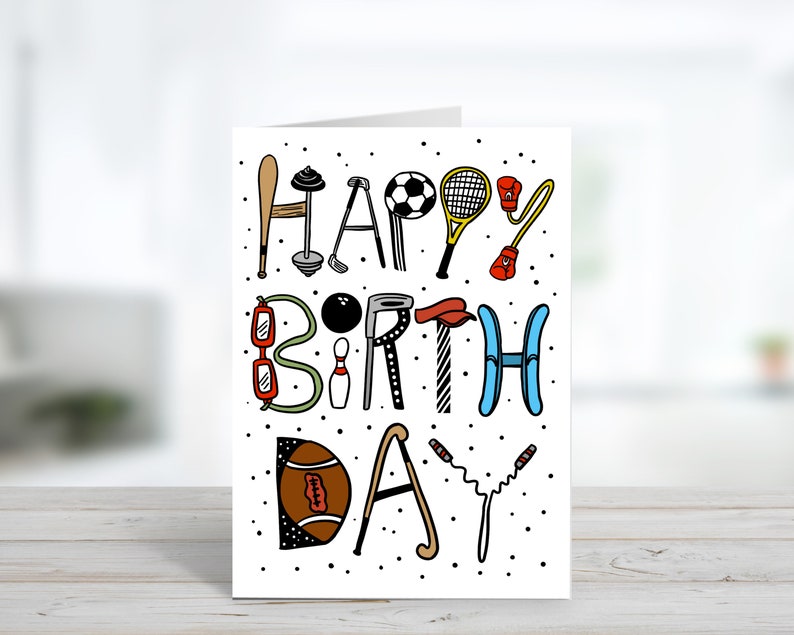 May include: A white card with black polka dots and the words "Happy Birthday" spelled out using various sports equipment illustrations. The letters are in black, red, blue, green, and brown.